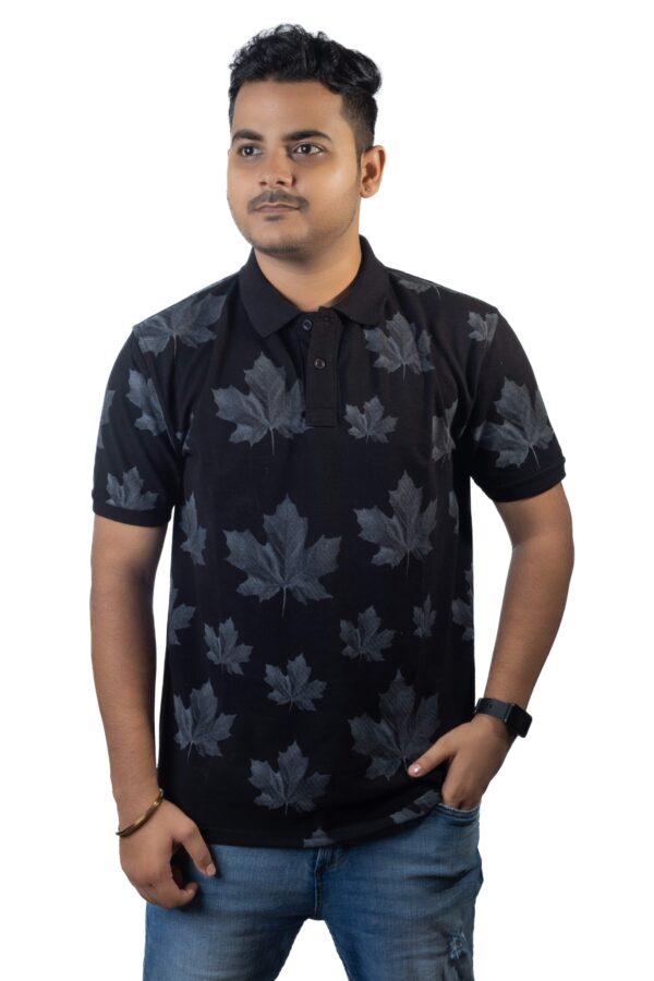 Black Polo T-Shirt with Maple Leaf Prints