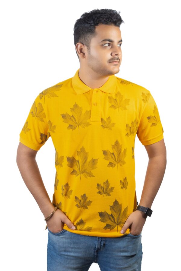 Yellow Polo T-Shirt with Maple Leaf Prints - Image 3