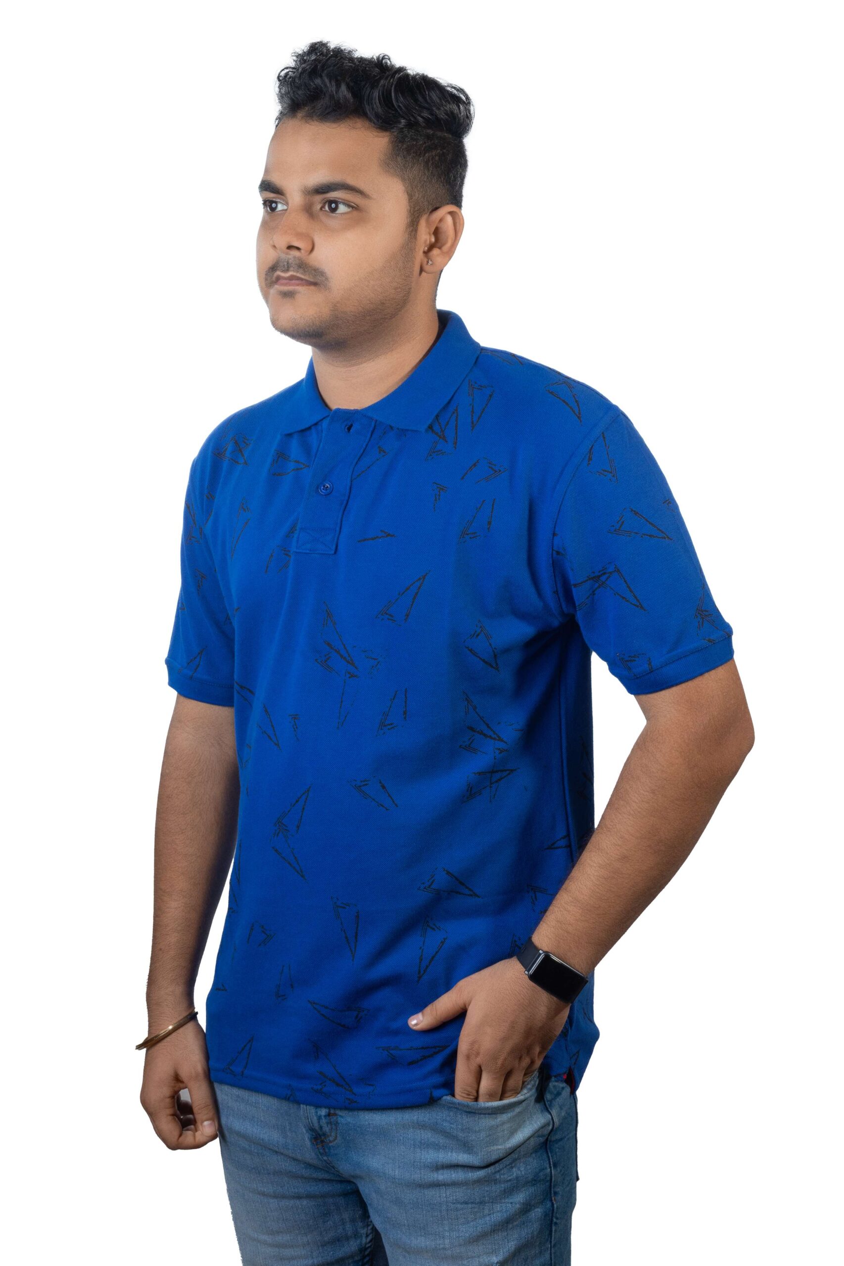 Royal Blue Polo T-Shirt with Geometric Triangle Print