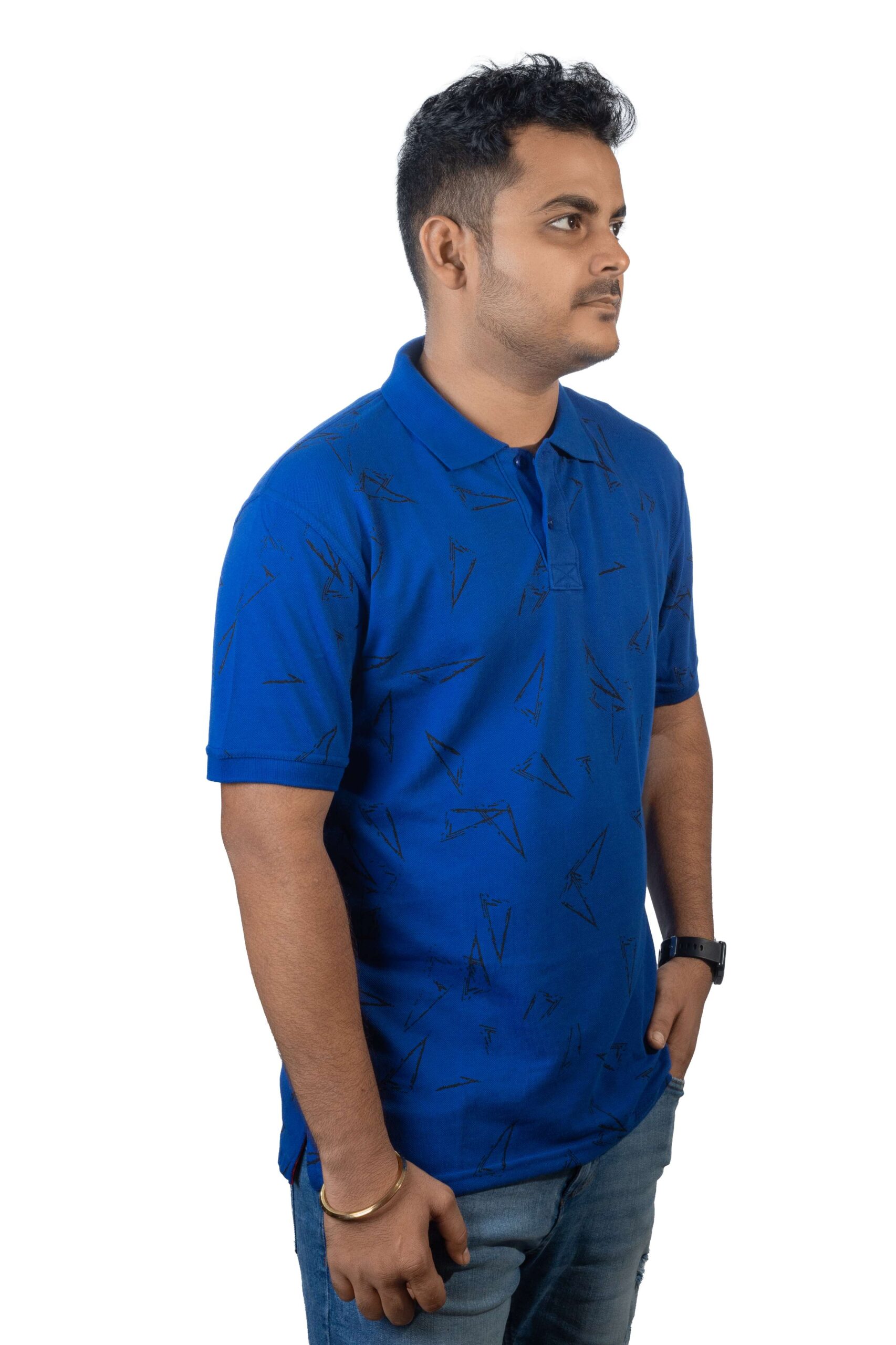 Royal Blue Polo T-Shirt with Geometric Triangle Print