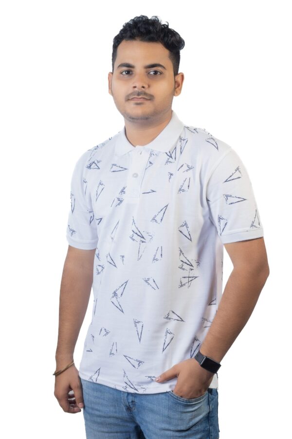 White Polo T-Shirt with Geometric Triangles Print