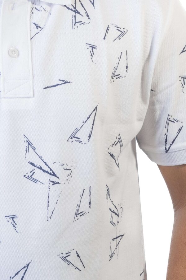 White Polo T-Shirt with Geometric Triangles Print - Image 5