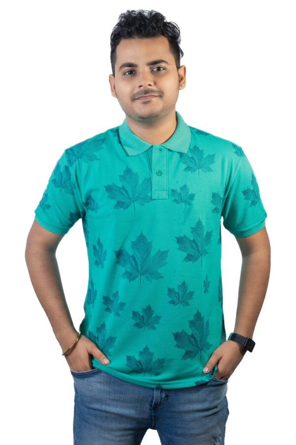 Sea Green Polo T-Shirt with Maple Leaf Print - Image 2