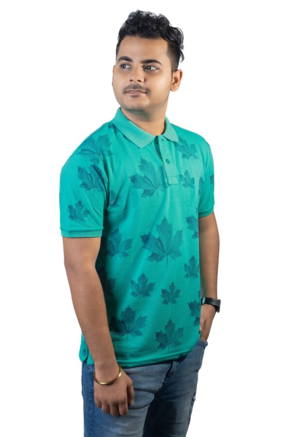 Sea Green Polo T-Shirt with Maple Leaf Print - Image 3