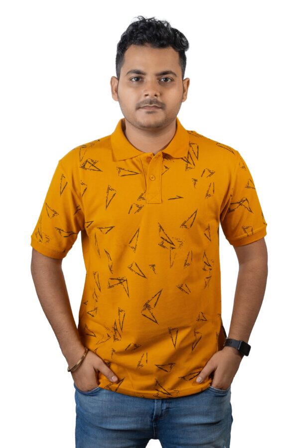 Mustard Yellow Polo T-Shirt with Geometric Print - Image 2