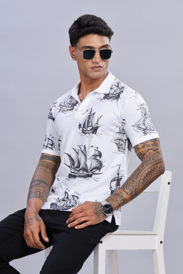 Ship Printed White Polo T-Shirt - Image 7