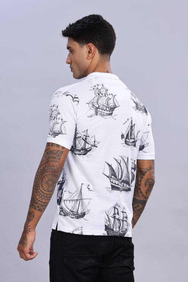 Ship Printed White Polo T-Shirt - Image 4