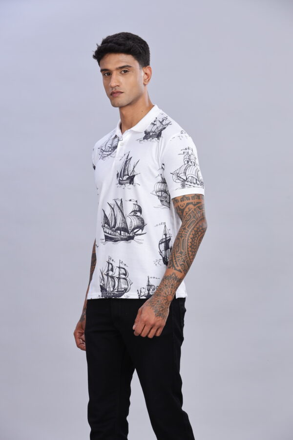 Ship Printed White Polo T-Shirt - Image 5