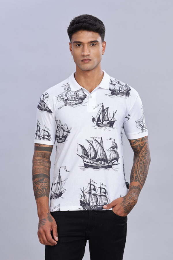 Ship Printed White Polo T-Shirt - Image 3