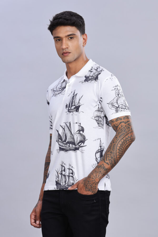 Ship Printed White Polo T-Shirt