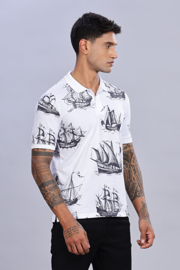 Ship Printed White Polo T-Shirt - Image 2