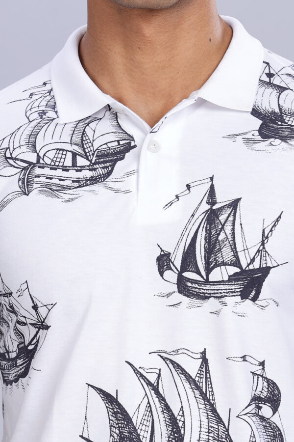 Ship Printed White Polo T-Shirt - Image 9