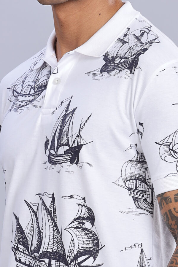 Ship Printed White Polo T-Shirt - Image 8