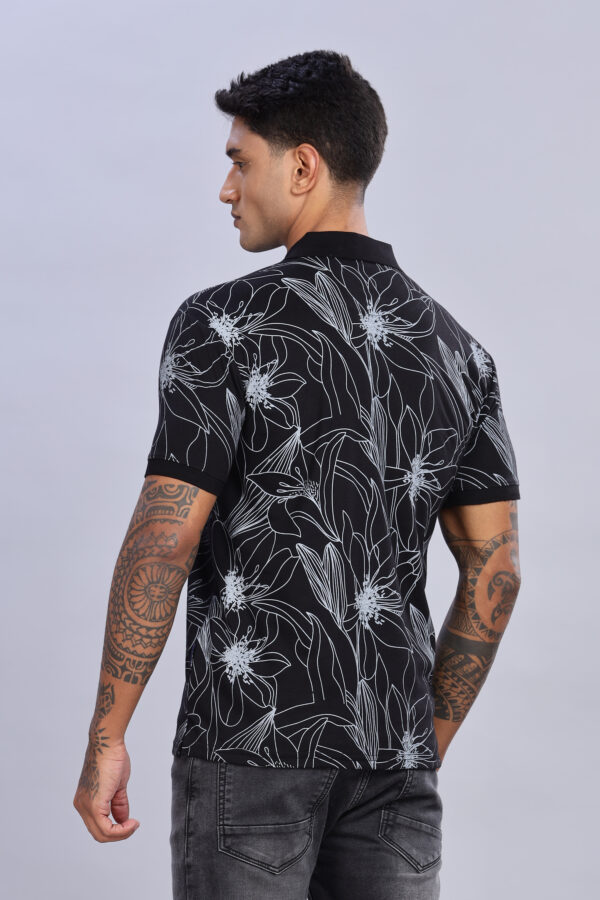 Big Flower Printed Black Polo T-Shirt - Image 3