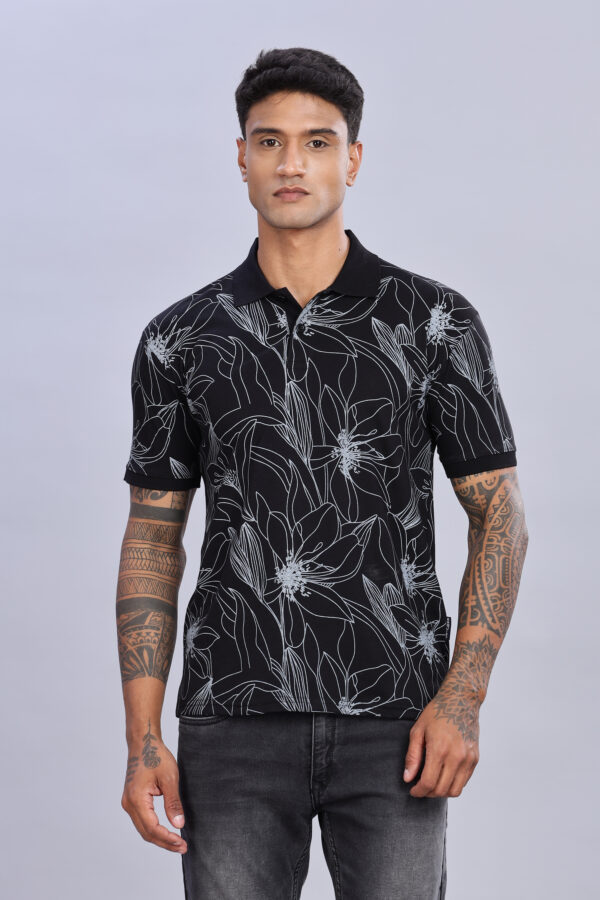 Big Flower Printed Black Polo T-Shirt - Image 9