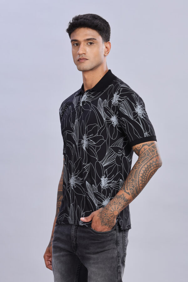 Big Flower Printed Black Polo T-Shirt