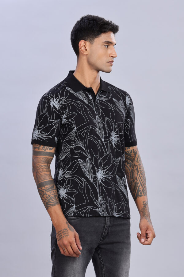 Big Flower Printed Black Polo T-Shirt - Image 4