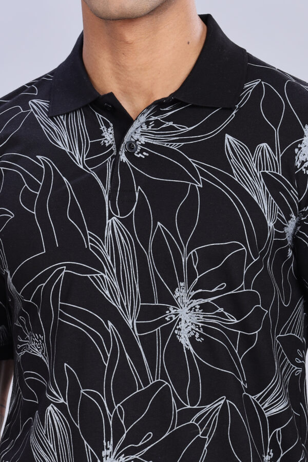 Big Flower Printed Black Polo T-Shirt - Image 8