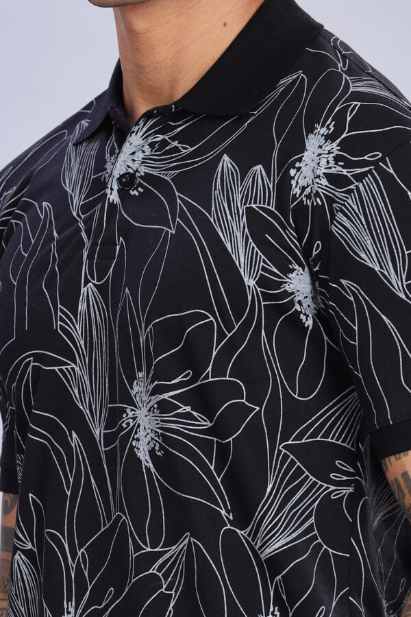 Big Flower Printed Black Polo T-Shirt - Image 7