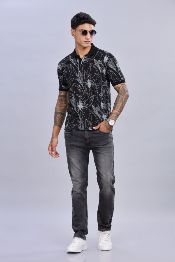 Big Flower Printed Black Polo T-Shirt - Image 6