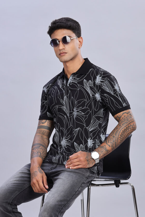 Big Flower Printed Black Polo T-Shirt - Image 5