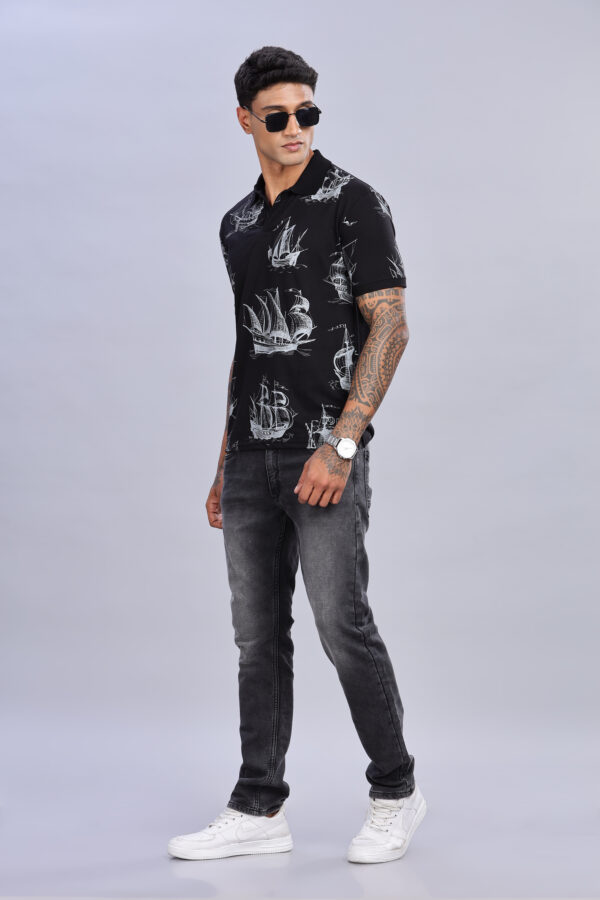 Big Flower Printed Black Polo T-Shirt - Image 2