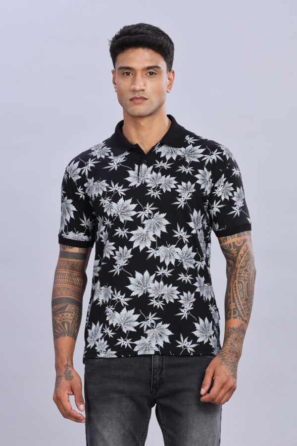 Maple Leaf Printed Black Polo T-Shirt