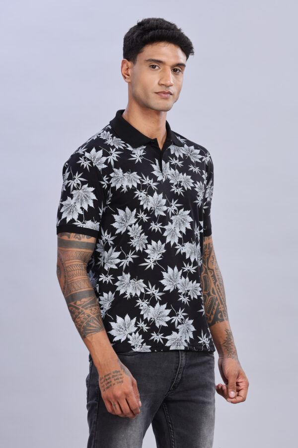 Maple Leaf Printed Black Polo T-Shirt - Image 3