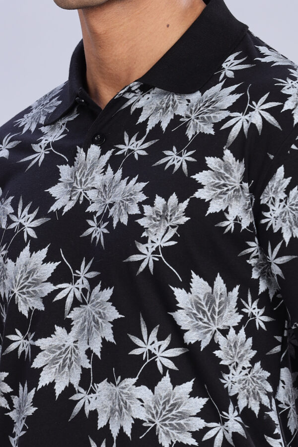 Maple Leaf Printed Black Polo T-Shirt - Image 2