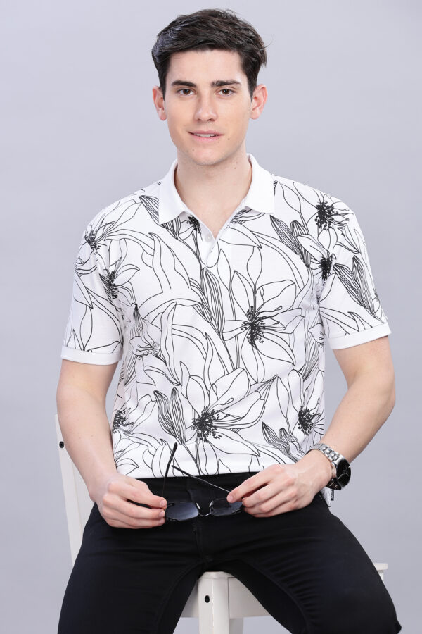 White Leaf Printed Polo T-Shirt - Image 7