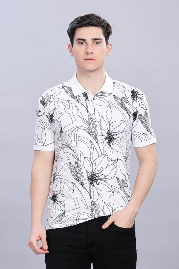 White Leaf Printed Polo T-Shirt