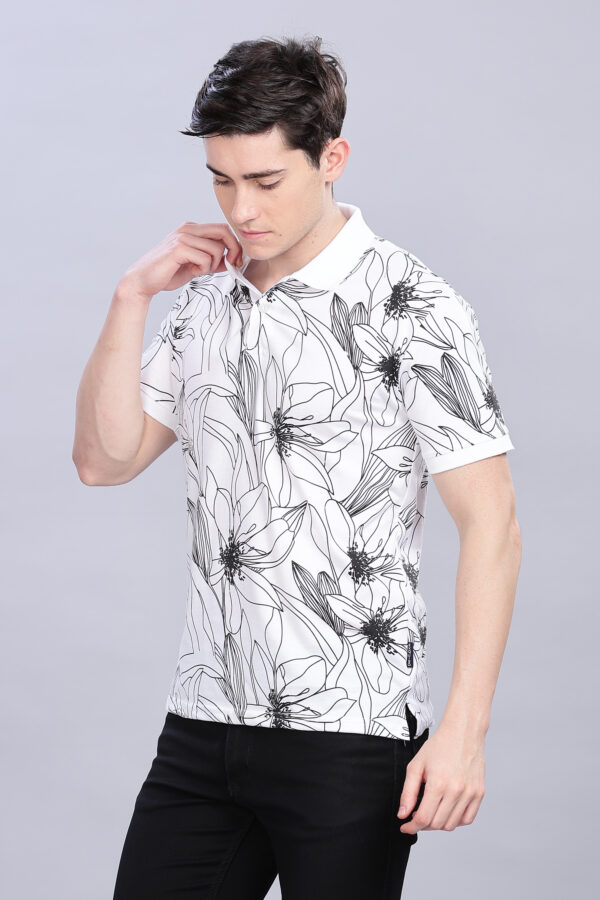 White Leaf Printed Polo T-Shirt - Image 9