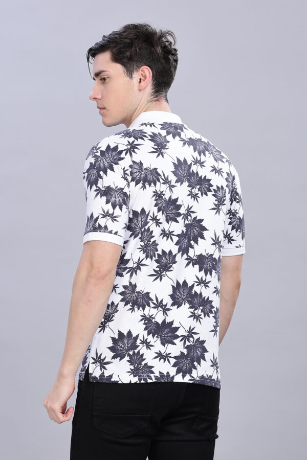 Floral Leaf Pattern White Polo T-Shirt - Image 6