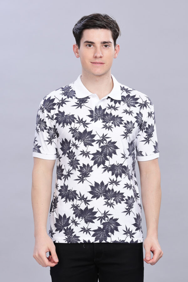 Floral Leaf Pattern White Polo T-Shirt