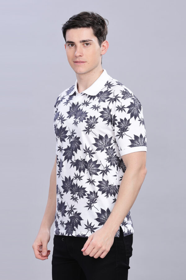 Floral Leaf Pattern White Polo T-Shirt - Image 5