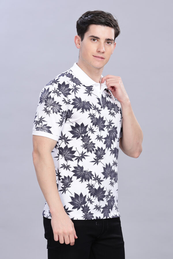 Floral Leaf Pattern White Polo T-Shirt - Image 4