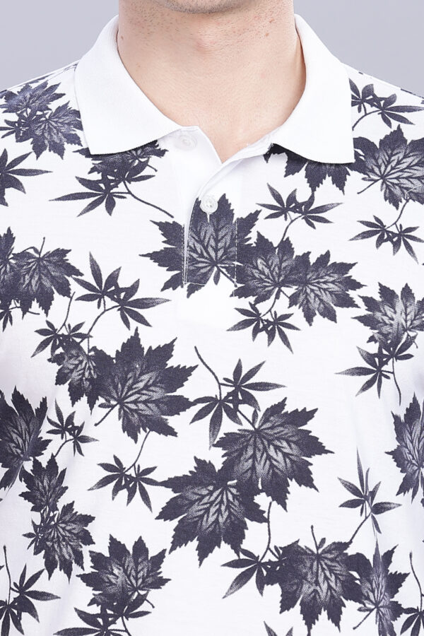 Floral Leaf Pattern White Polo T-Shirt - Image 3