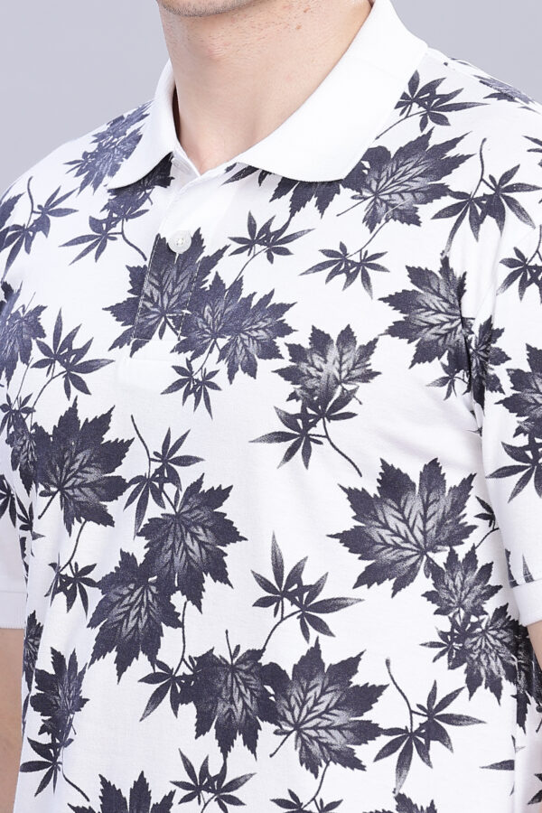 Floral Leaf Pattern White Polo T-Shirt - Image 8