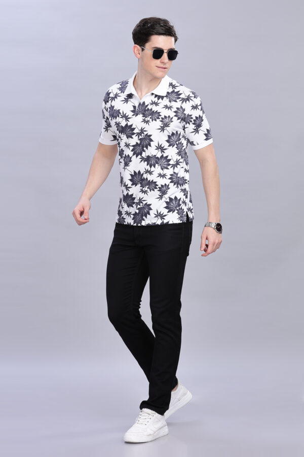 Floral Leaf Pattern White Polo T-Shirt - Image 2