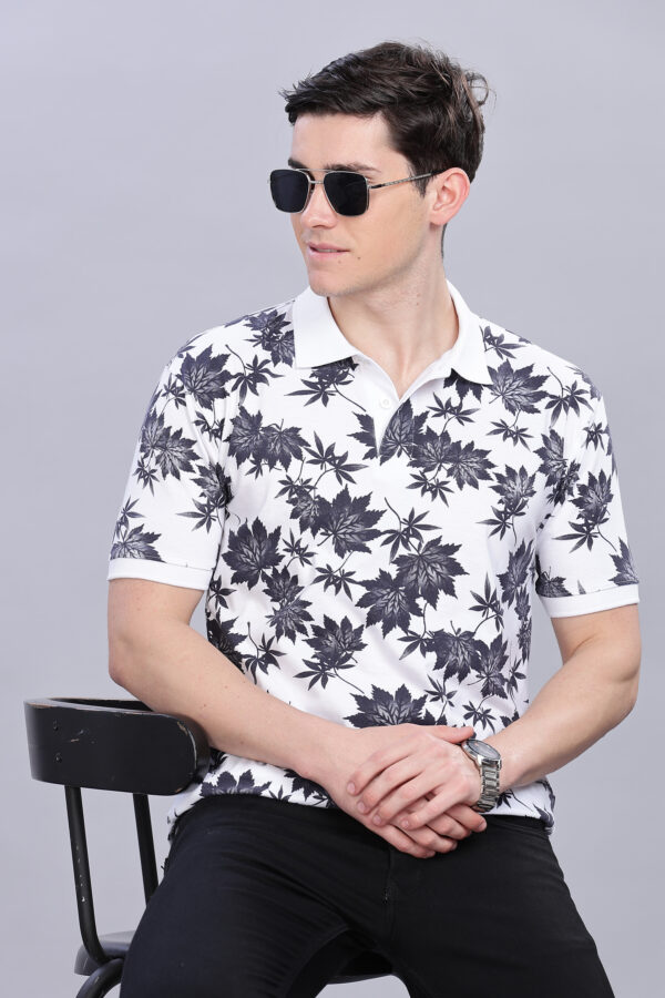 Floral Leaf Pattern White Polo T-Shirt - Image 7