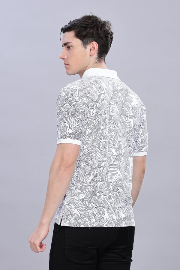 Stylish Tropical Leaf Print White Polo T-Shirt - Image 5