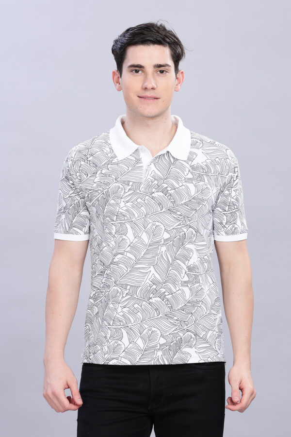 Stylish Tropical Leaf Print White Polo T-Shirt