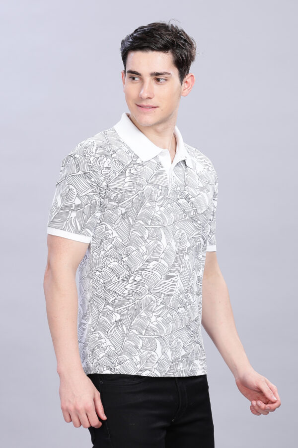 Stylish Tropical Leaf Print White Polo T-Shirt - Image 7