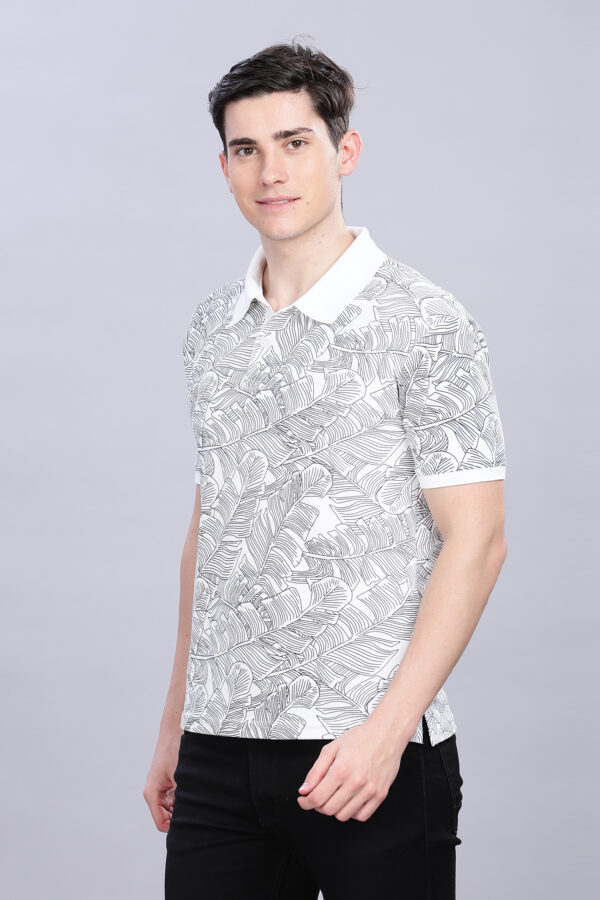 Stylish Tropical Leaf Print White Polo T-Shirt - Image 4