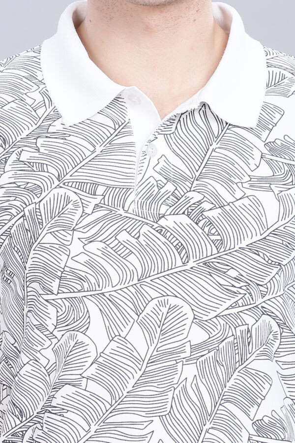 Stylish Tropical Leaf Print White Polo T-Shirt - Image 8