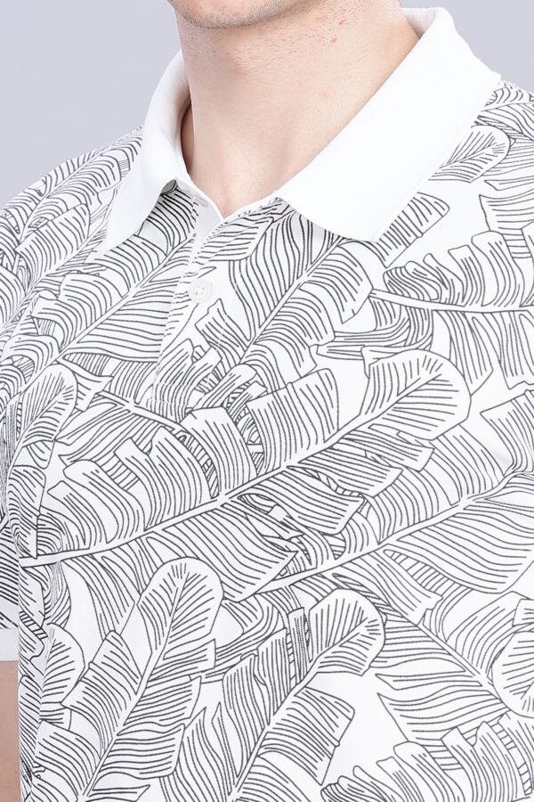 Stylish Tropical Leaf Print White Polo T-Shirt - Image 6