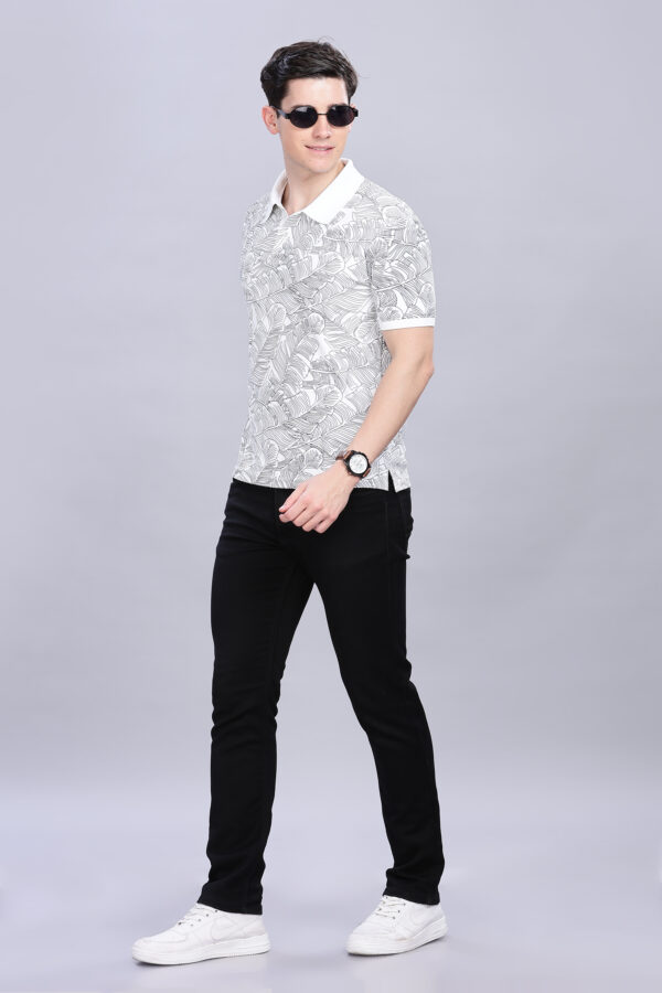 Stylish Tropical Leaf Print White Polo T-Shirt - Image 3