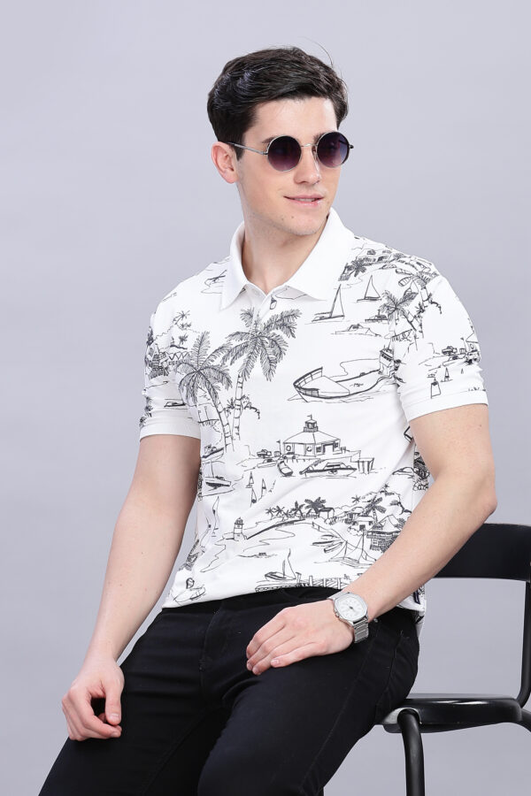 Scenery Printed White Polo T-Shirt