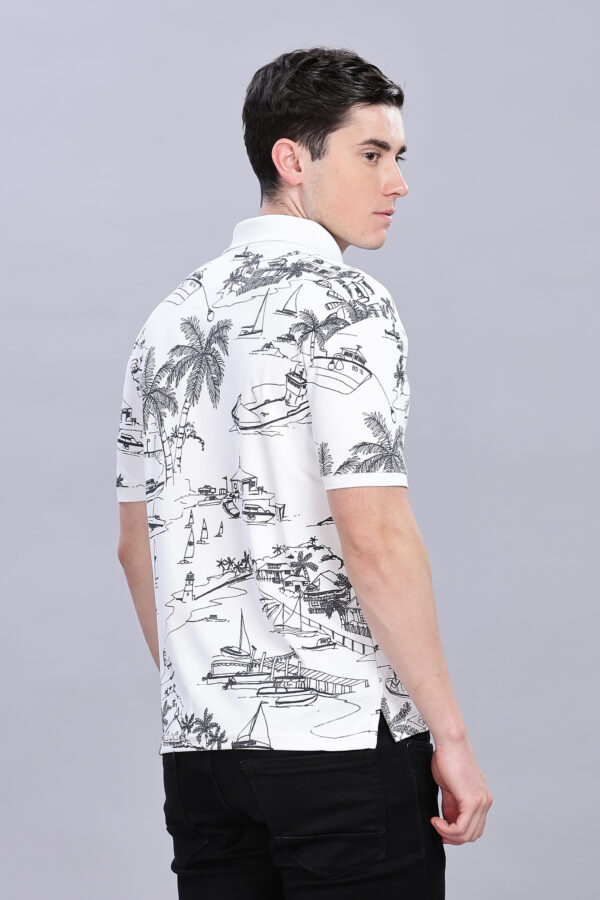 Scenery Printed White Polo T-Shirt - Image 7