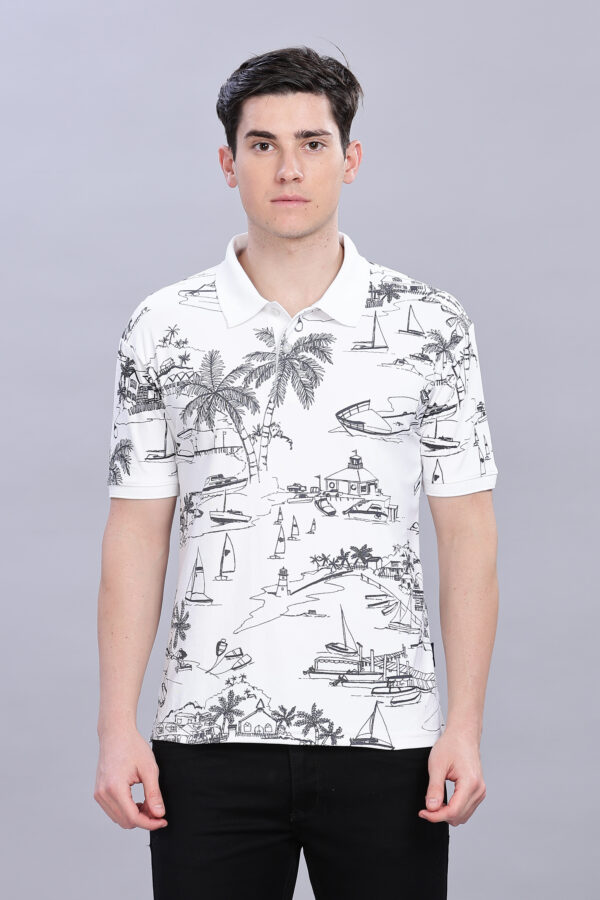 Scenery Printed White Polo T-Shirt - Image 6